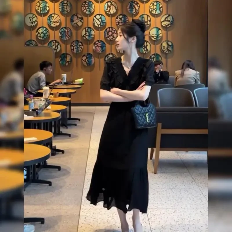 C222木耳边法式气质短袖连衣裙女遮肉显瘦V领仙气长裙