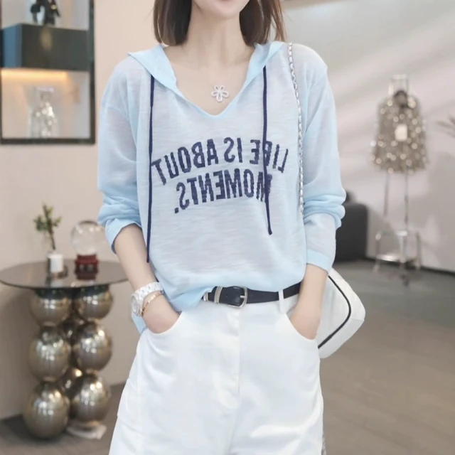 蓝色冰丝长袖防晒针织t恤女夏薄款大码胖MM连帽罩衫显瘦宽松上衣