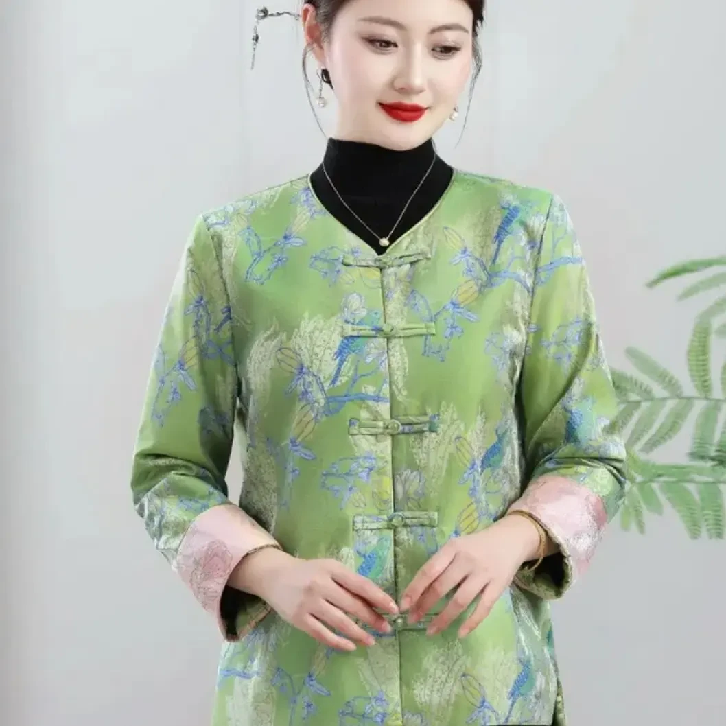 J028新中式拼接提花盘扣薄棉外套新款长袖春秋款时尚国风上衣