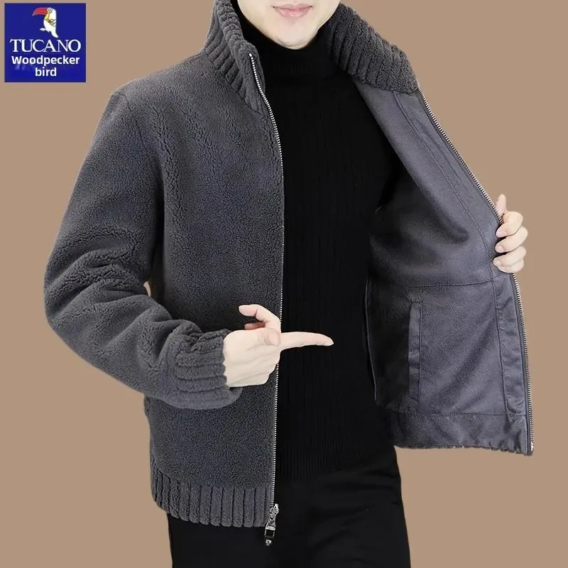 啄木鸟秋冬季新款羊羔绒双面穿立领毛呢大衣男士皮毛一男装外套