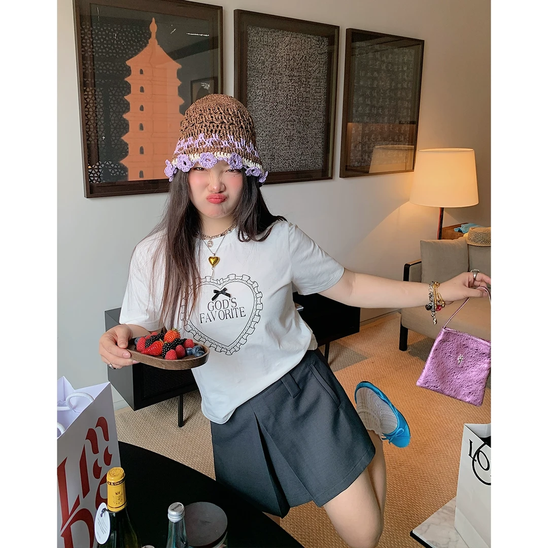 Dazi金大支爱心蝴蝶结短袖T恤女上衣0103/0138白色短款夏季圆领