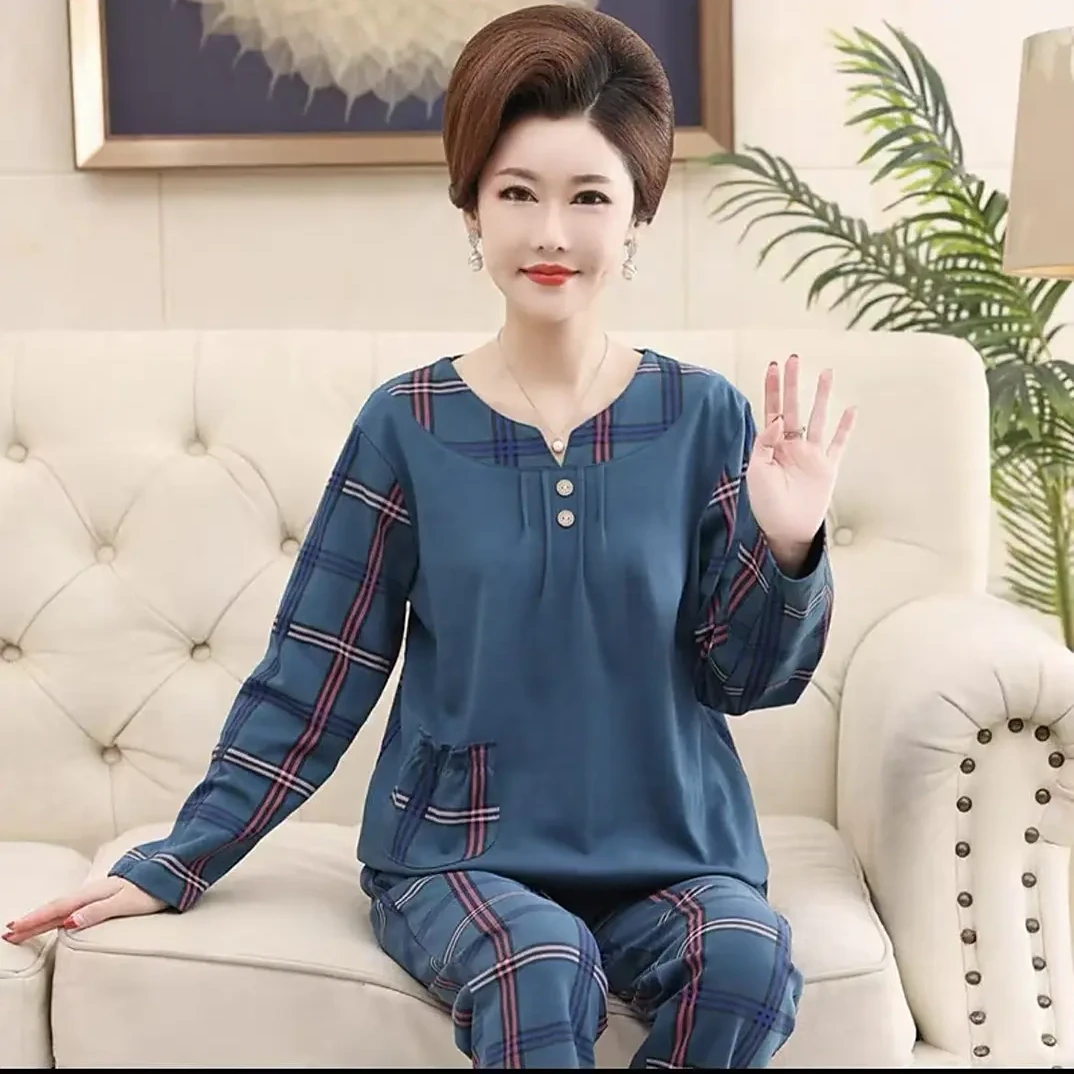 中年女士纯棉长袖睡衣春秋中老年婆婆加大码宽松舒适型起居家居服