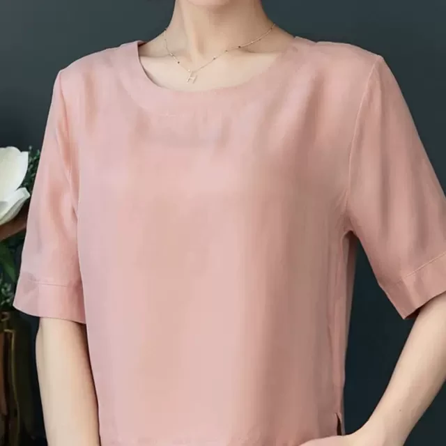 杭州品牌真丝铜氨丝上衣夏季短袖中年女士气质减龄T恤遮肚妈妈装