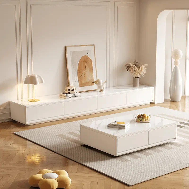 简约现代意式极简岩板电视柜储物可伸缩茶几客厅组合奶油风家用