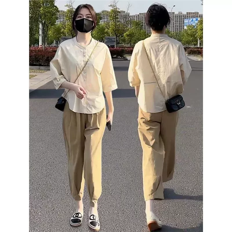 2025夏季新款女士休闲时尚显瘦遮肚子套装七分袖衬衣休闲裤两件套