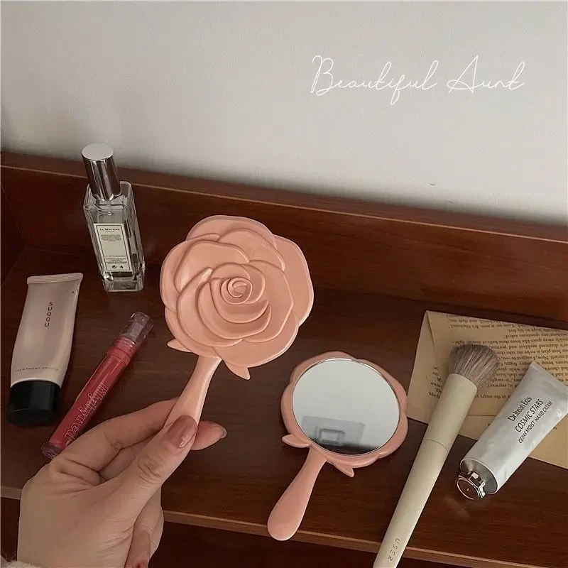 可爱ins玫瑰花朵便携随身手持化妆镜 小号补妆镜女生玻璃美妆镜子