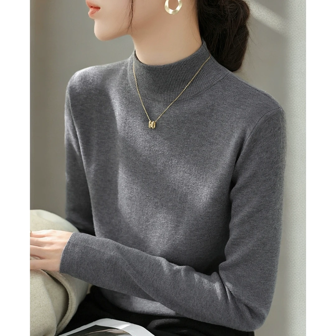 高级感2025年新款长袖内搭打底上衣秋季修身套头半高领针织衫女装