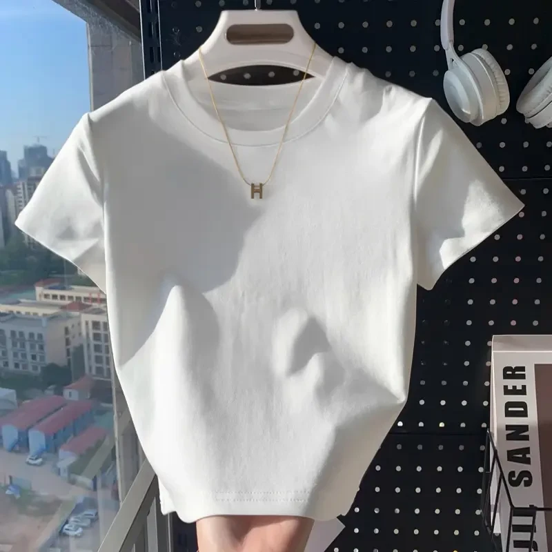 美式正肩短袖T恤女春夏季修身显瘦纯色百搭打底内搭黑色打底衫女