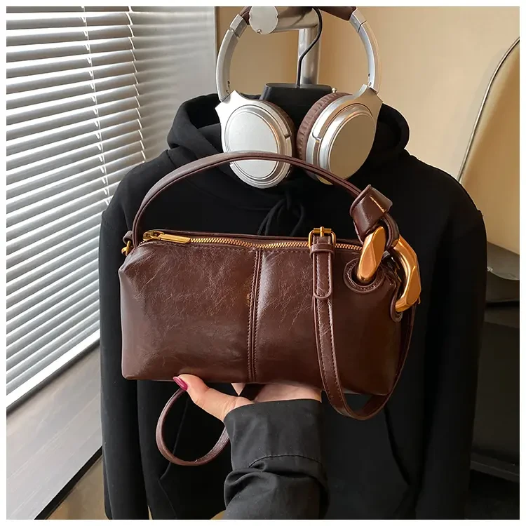 甜寇纯色拉链复古风做旧单根腋下单肩包简约休闲时尚斜挎包百搭女