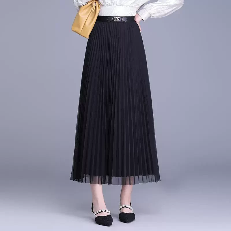 高级感网纱半身裙女2025春季新款时尚百褶裙中长款垂感显瘦a字裙