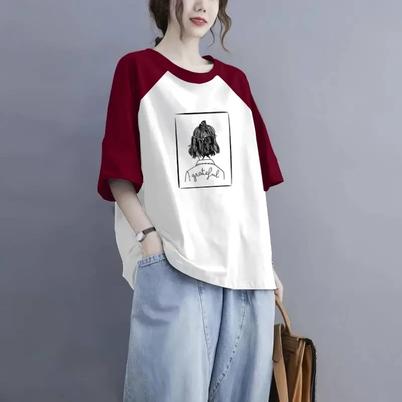 纯棉短袖t恤女宽松显瘦夏季新款撞色上衣休闲百搭大码胖mm体恤衫