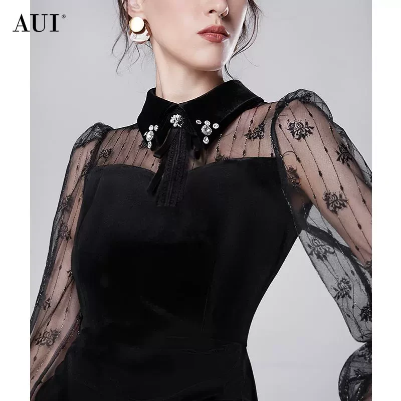 【媛媛女王专享】AUI黑色网纱长袖连衣裙丝绒包臀裙-24D017802