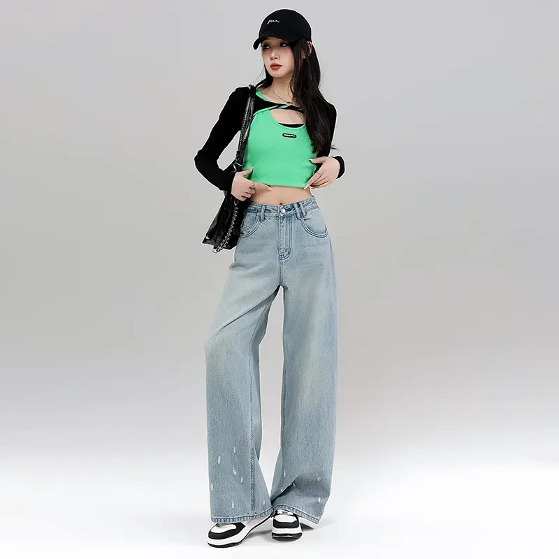 EAEOVNI宽松破洞牛仔裤女复古直筒显瘦长裤拖地裤浅色阔腿裤1018