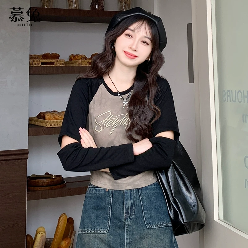 慕兔美式复古镂空长袖t恤女2024秋季新款设计感小众字母刺绣上衣