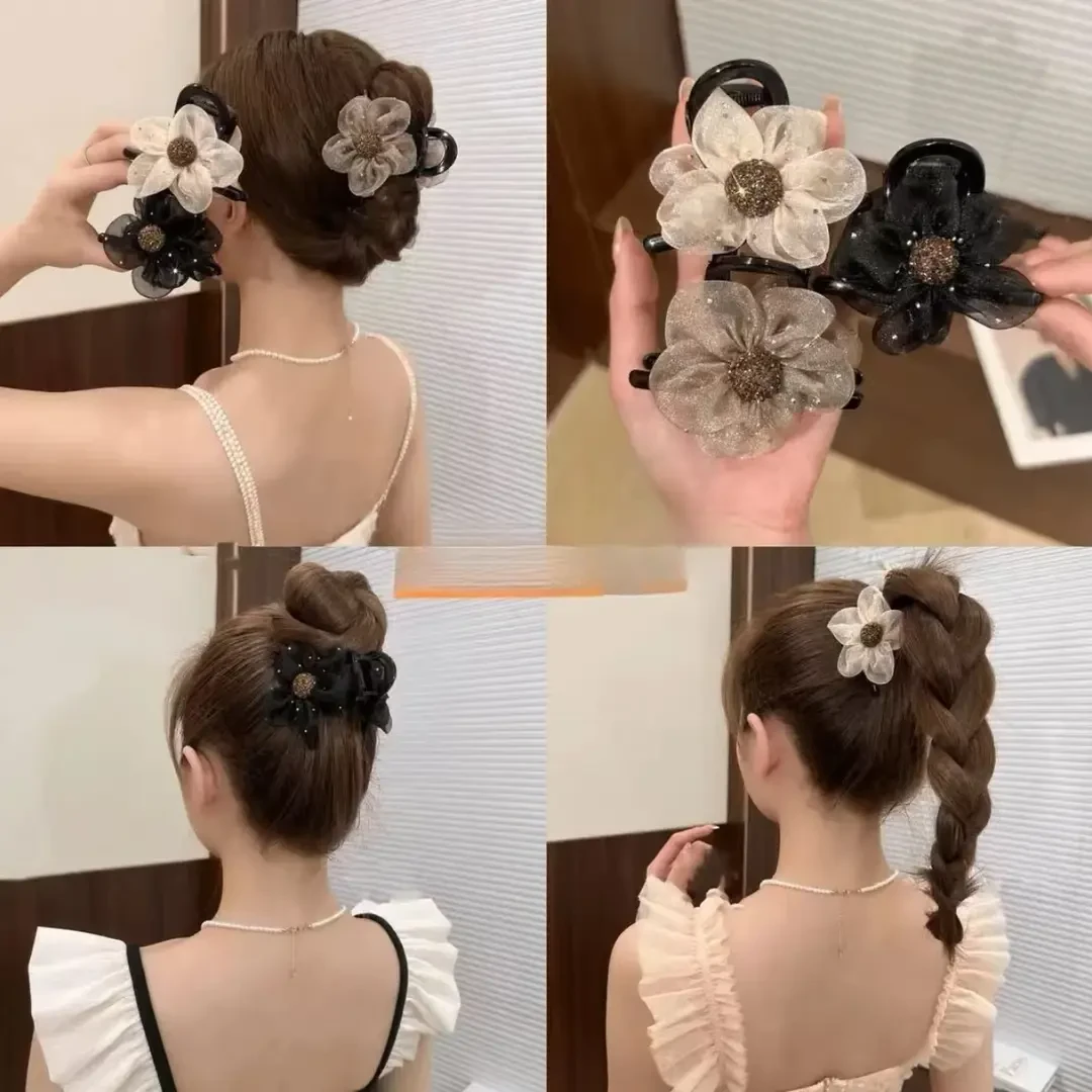 新款网纱水钻太阳花花朵抓夹高马尾丸子头抓夹气质百搭发饰时尚