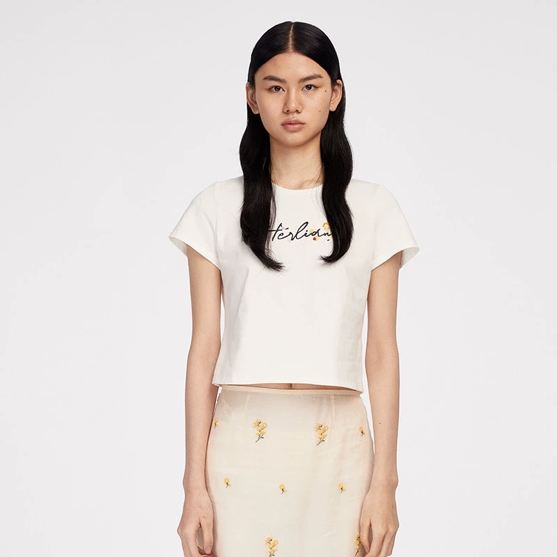 HERLIAN 2025年夏季新品女士 小雏菊刺绣logoT恤
