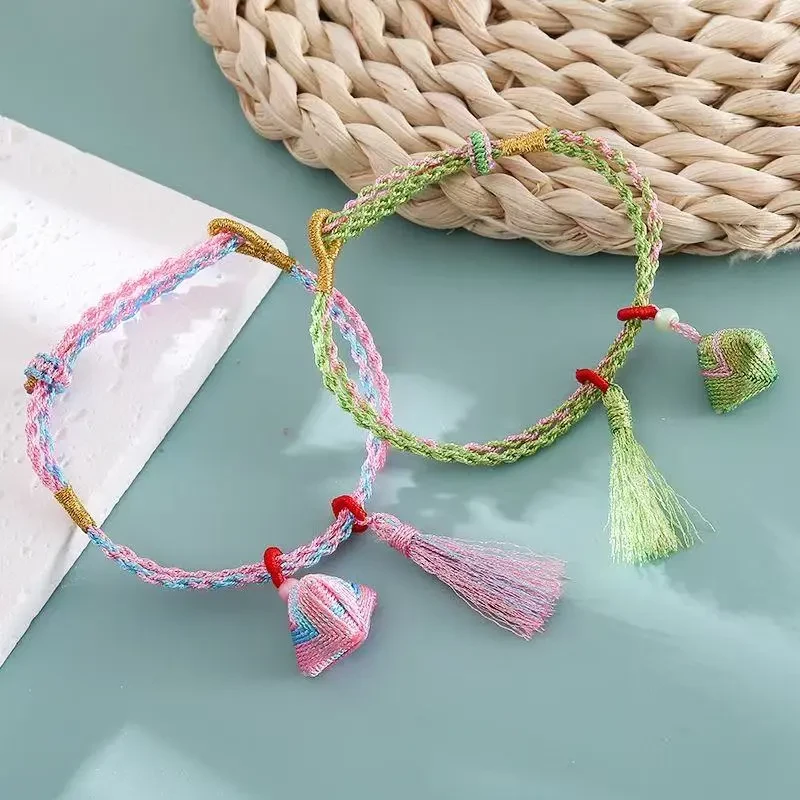 2025端午新款炫彩金丝彩绳成人五彩儿童粽子手链调节手工编织炫彩