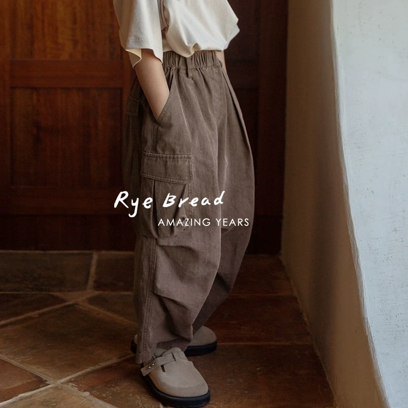 ryebread/黑面包童装韩系侧边口袋男中大童纯棉直筒休闲裤4夏
