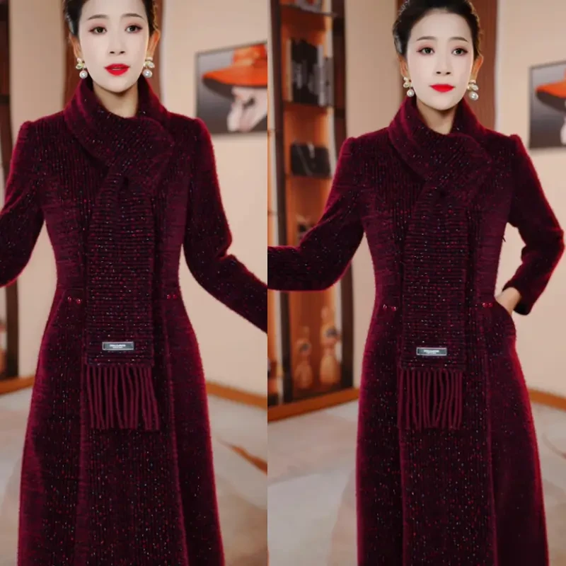 中腰显瘦过膝冬装红色娃娃领连衣裙加厚优雅气质风修身中长款