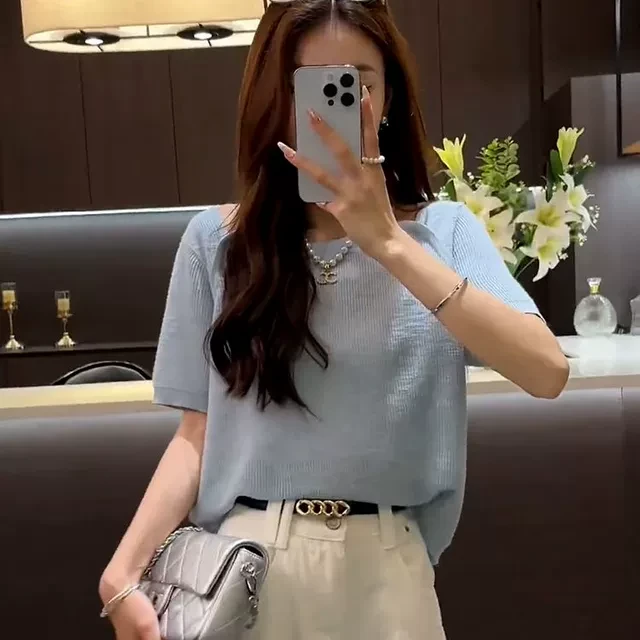 慵懒风简约百搭纯色短袖T恤女春季新款时尚气质宽松休闲圆领上衣