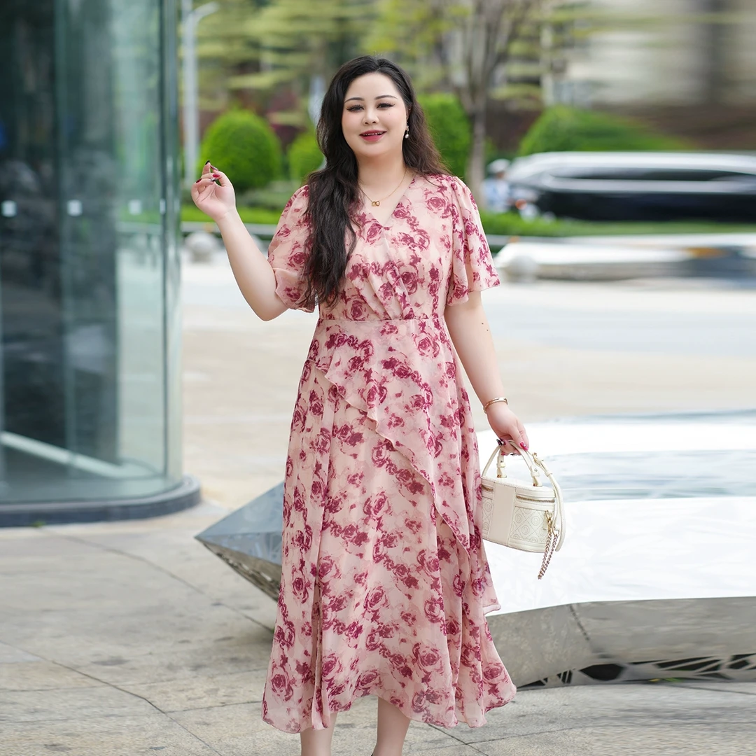 【浮花入梦】大码女装雪纺连衣裙夏季新款微胖mm显瘦遮肚法式碎花裙