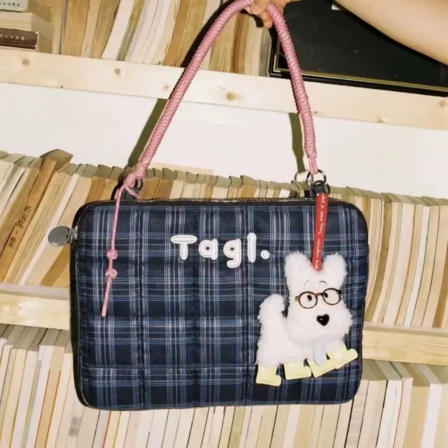 编织小枕头充棉刺绣防摔防震电脑包14/15寸笔记本格子手提包TJ