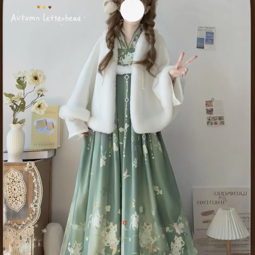 印花披袄明制外衣青少年刺绣汉服冬季对襟少女加厚