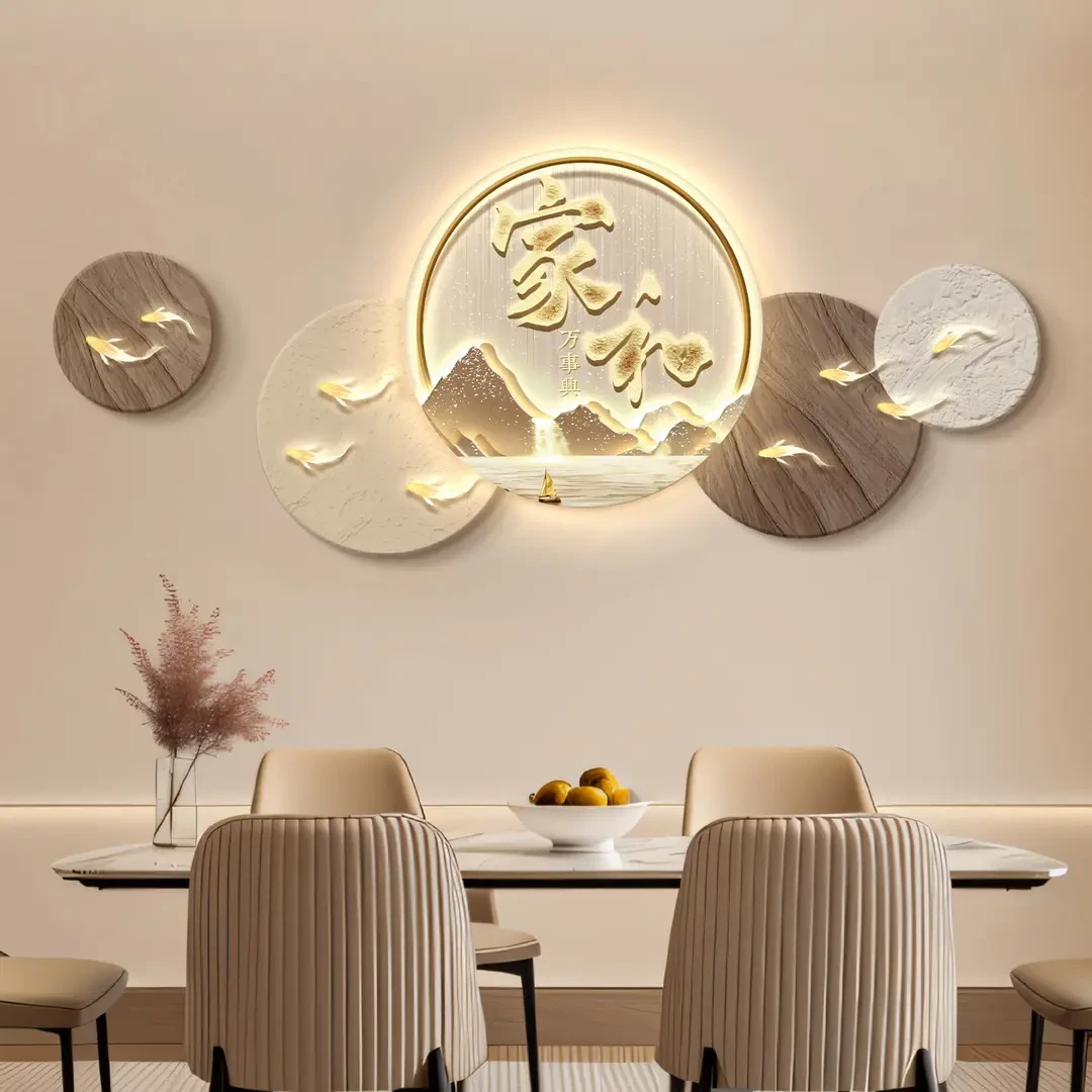 现代轻奢入户玄关装饰画寓意好餐厅装饰发光灯画大气九鱼壁画