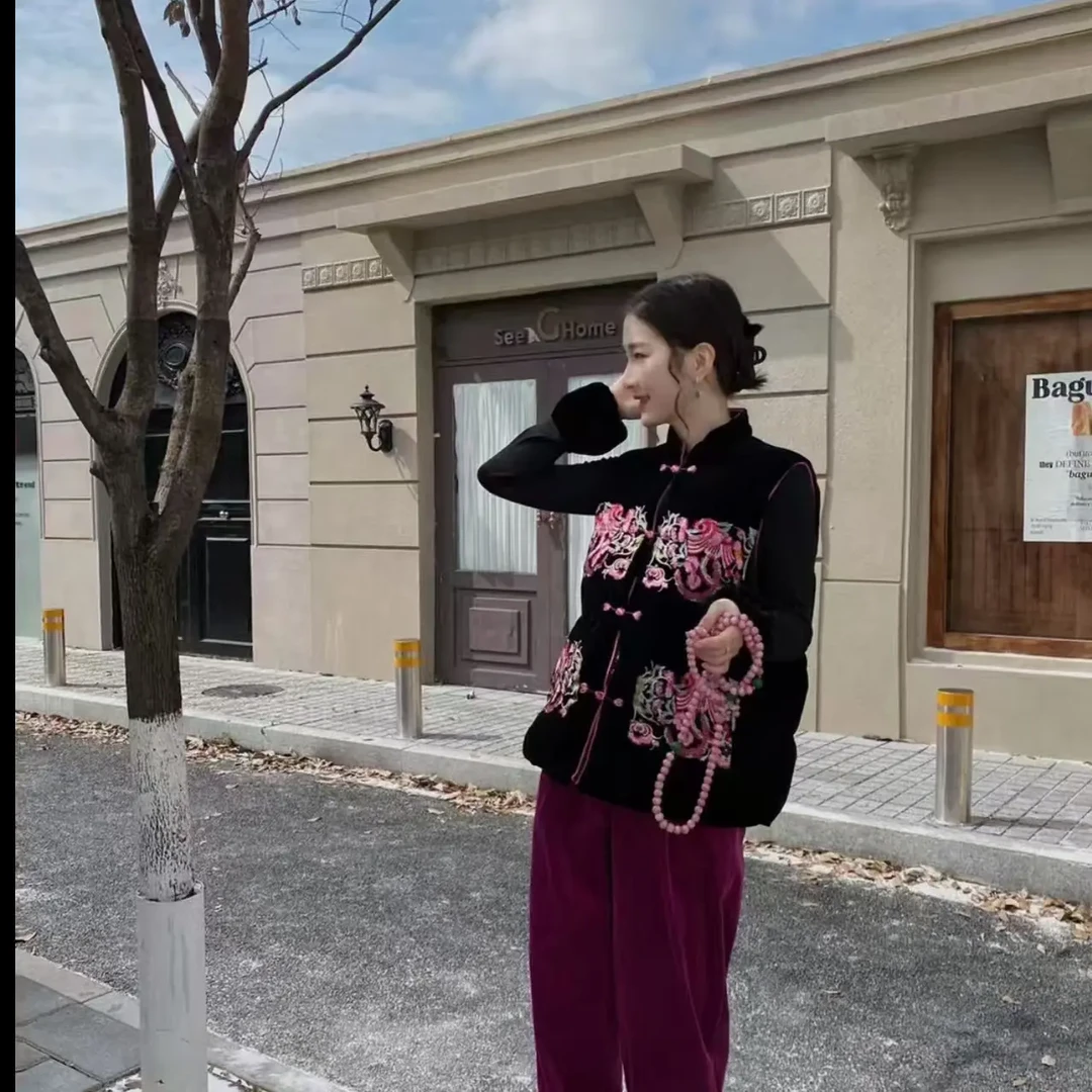 刺绣民族风立体圆领加棉款马夹厚款时尚套装中国风