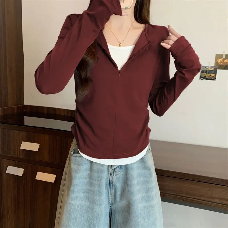 安哥拉红色半拉链假两件长袖针织打底衫女秋冬高级感休闲洋气上衣