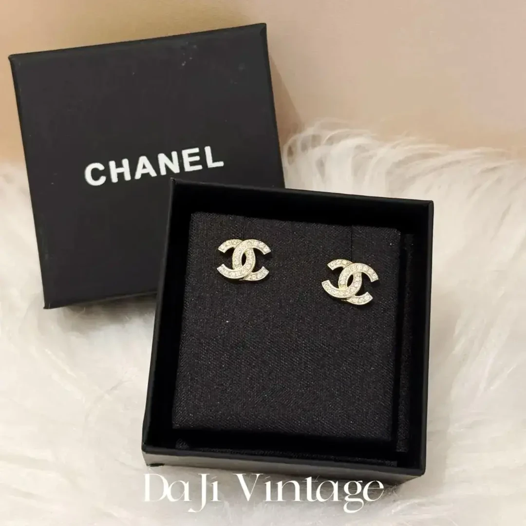 99新 Chanel/香奈儿 大吉中古/Chanel香奈儿淡金色小双c满钻耳钉
