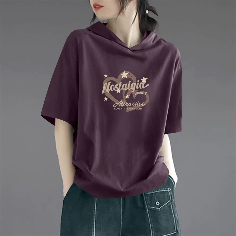 2025新款连帽短袖t恤女士夏装宽松休闲时尚大码胖mm显瘦上衣