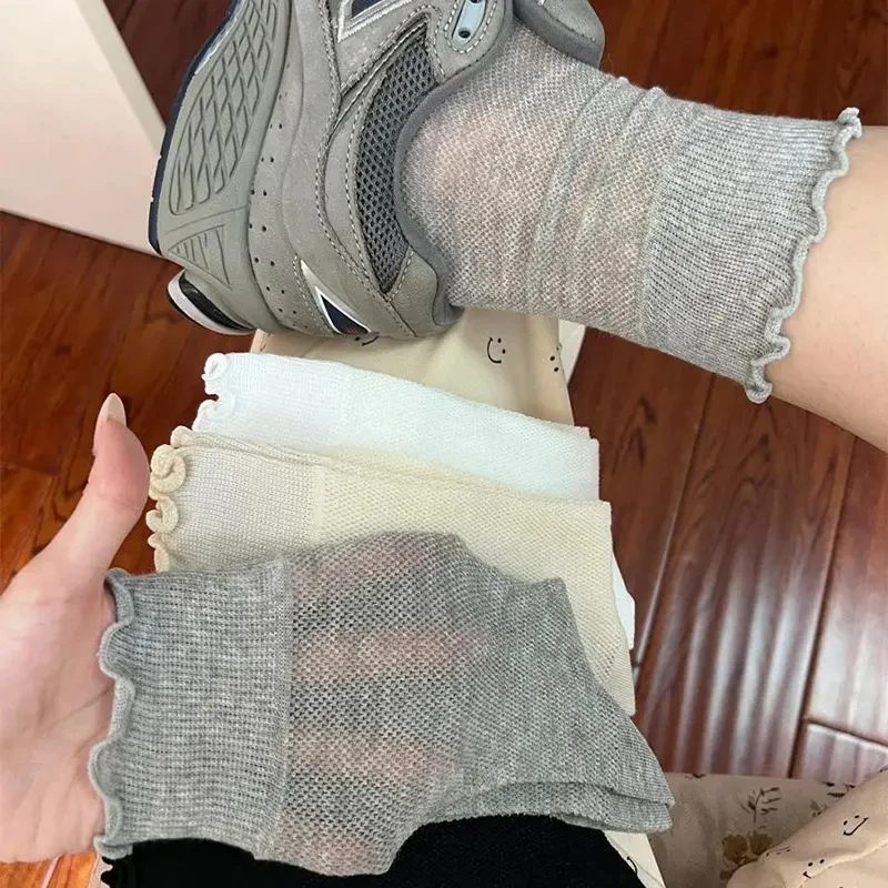 【欧若风】灰色袜子女夏季薄款中筒袜网眼透气花边木耳边堆堆袜FF