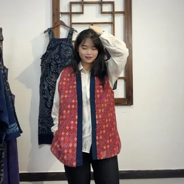 手工织锦民族风宽松型土布壮锦手织布马甲双层中长款