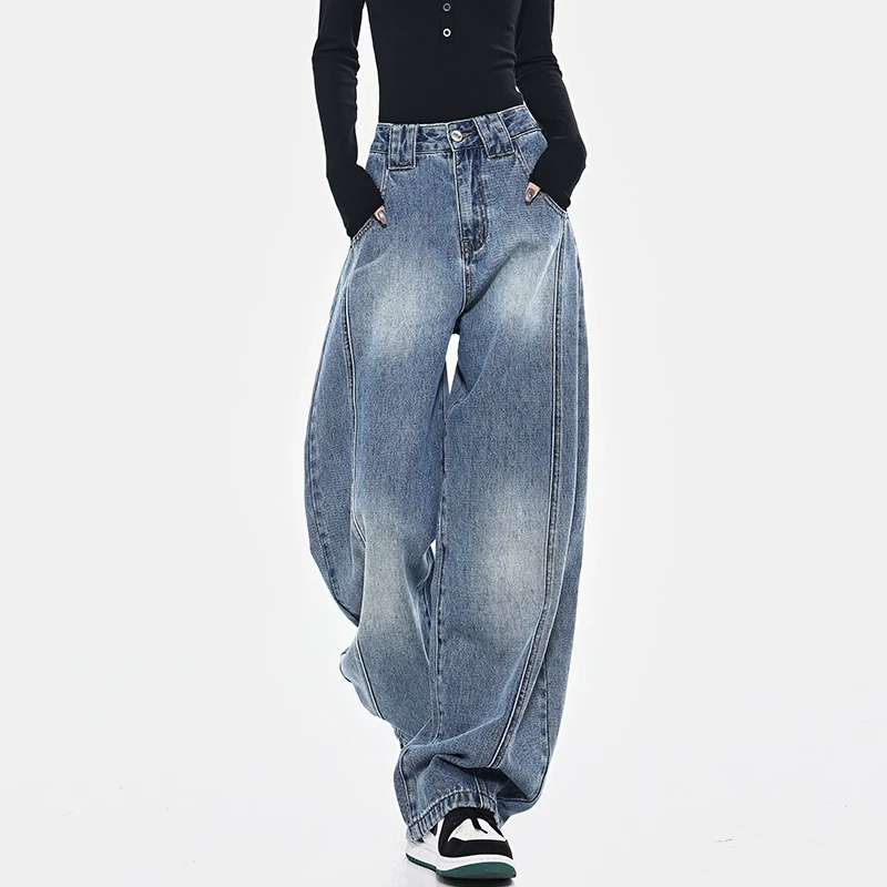 KEN STUDIO解构宽松弯刀牛仔裤女美式复古水洗阔腿休闲裤长裤裤子