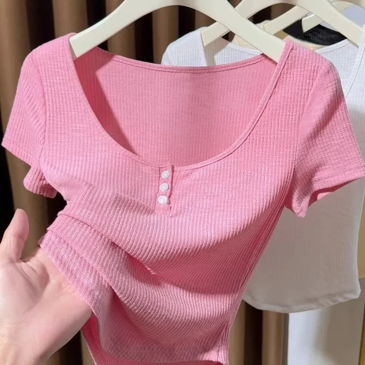 粉色大圆领薄款T恤女夏季2025低领纯欲高腰显瘦修身短款针织上衣