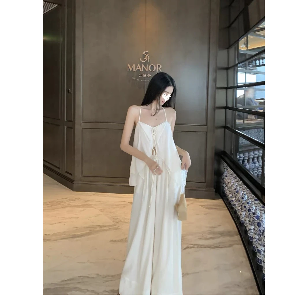 夏季度假慵懒风休闲性感露背吊带背心+高腰阔腿裤休闲裤套装