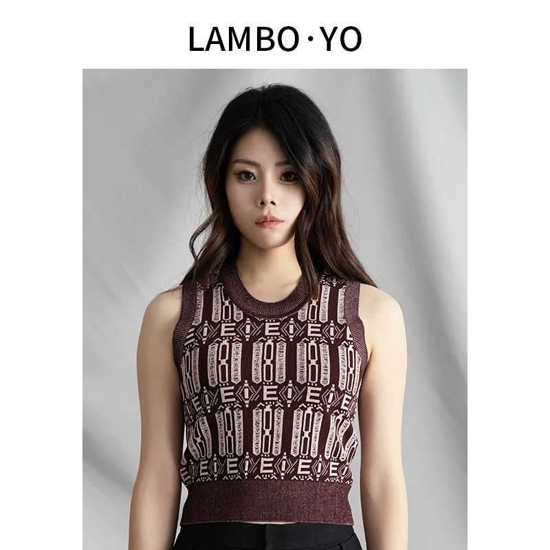 LAMBOYO2024春季圆领复古背心英伦风甜辣显瘦潮酷针织马甲上衣