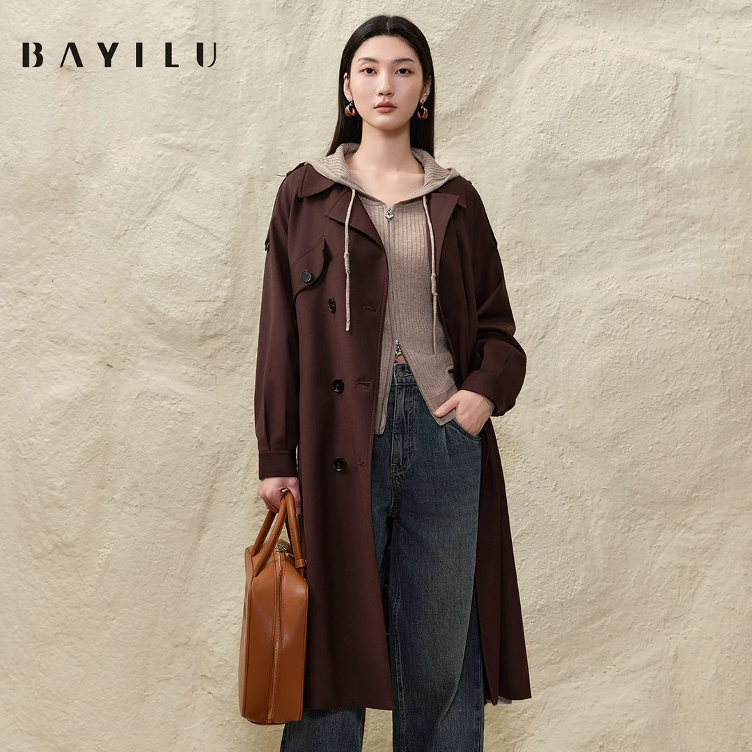 芭依璐2025春季风衣女复古休闲双排扣长款外套91F6958