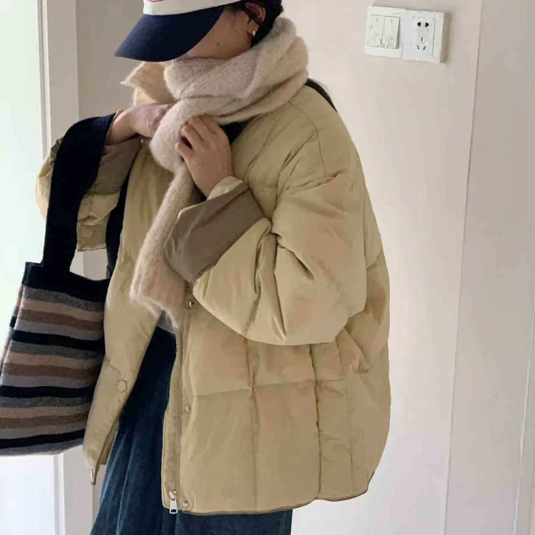 小个子短款女秋冬韩版宽松圆领拼色白鸭绒羽绒服外套