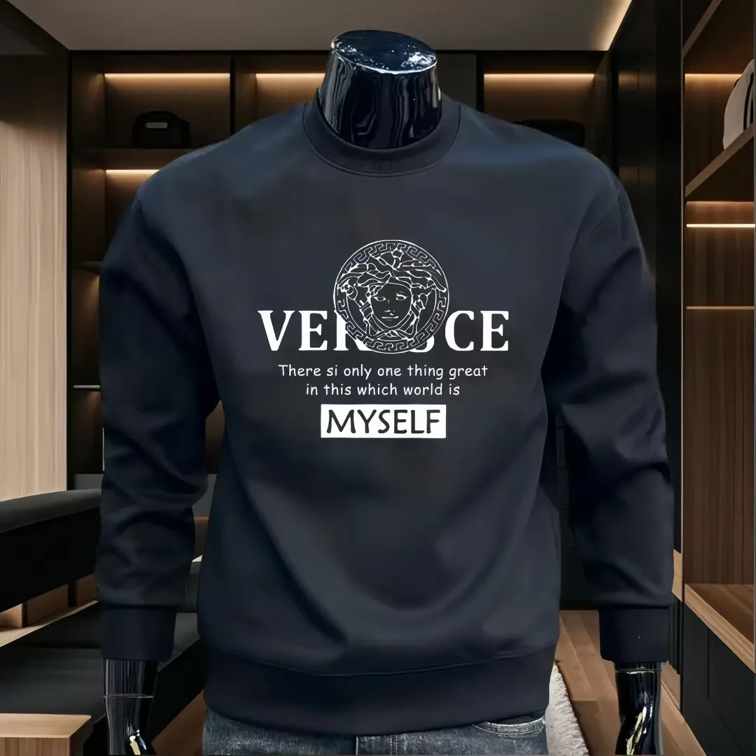 秋冬印花套头长袖保暖圆领高级感卫衣加绒新款男士春秋潮修身上衣