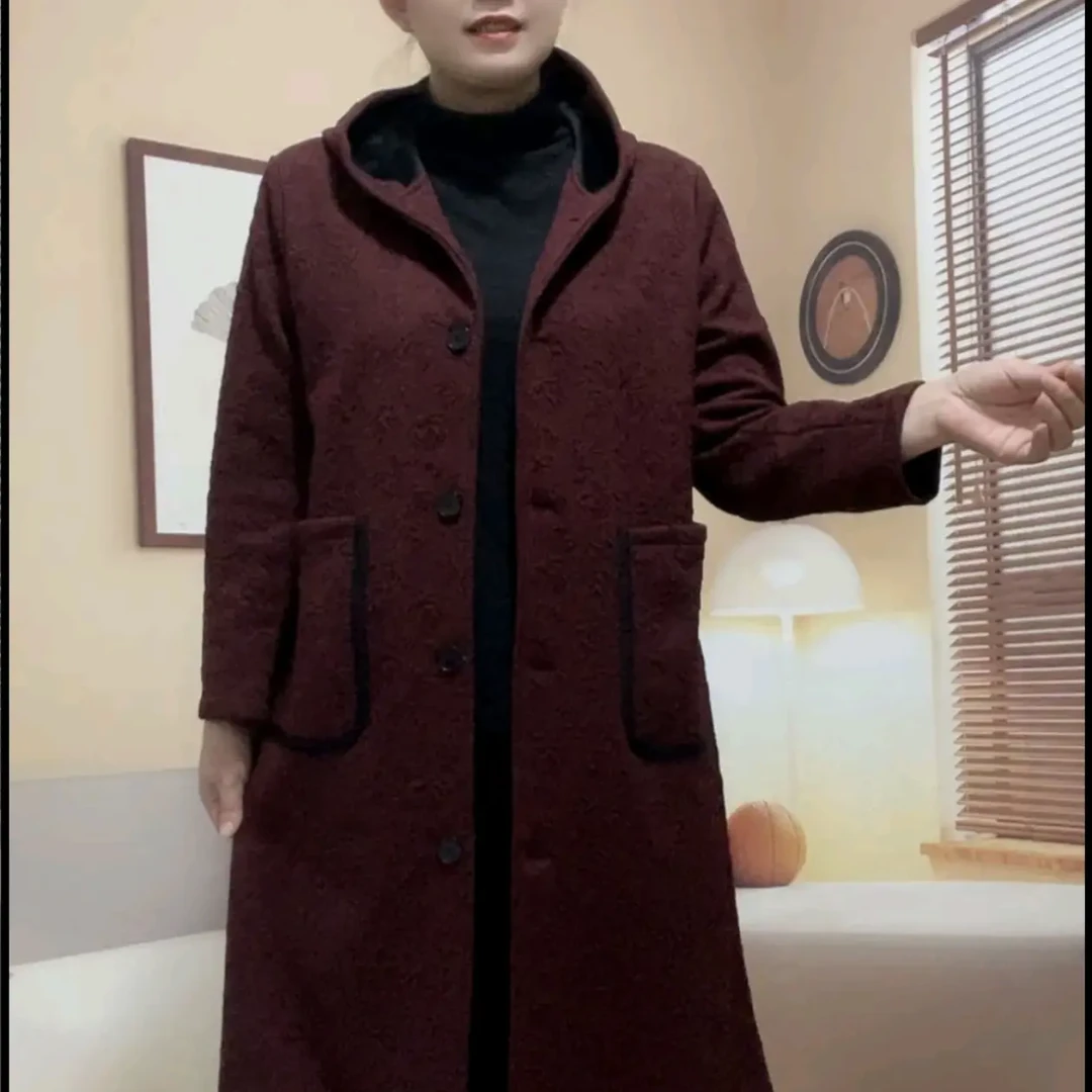 秋冬新款时尚提花保暖重工艺连帽大衣