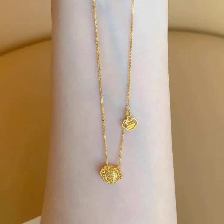 铜合金项链 金色三合五行小锁包项链夏季女镀18k本命年锁骨链吊坠