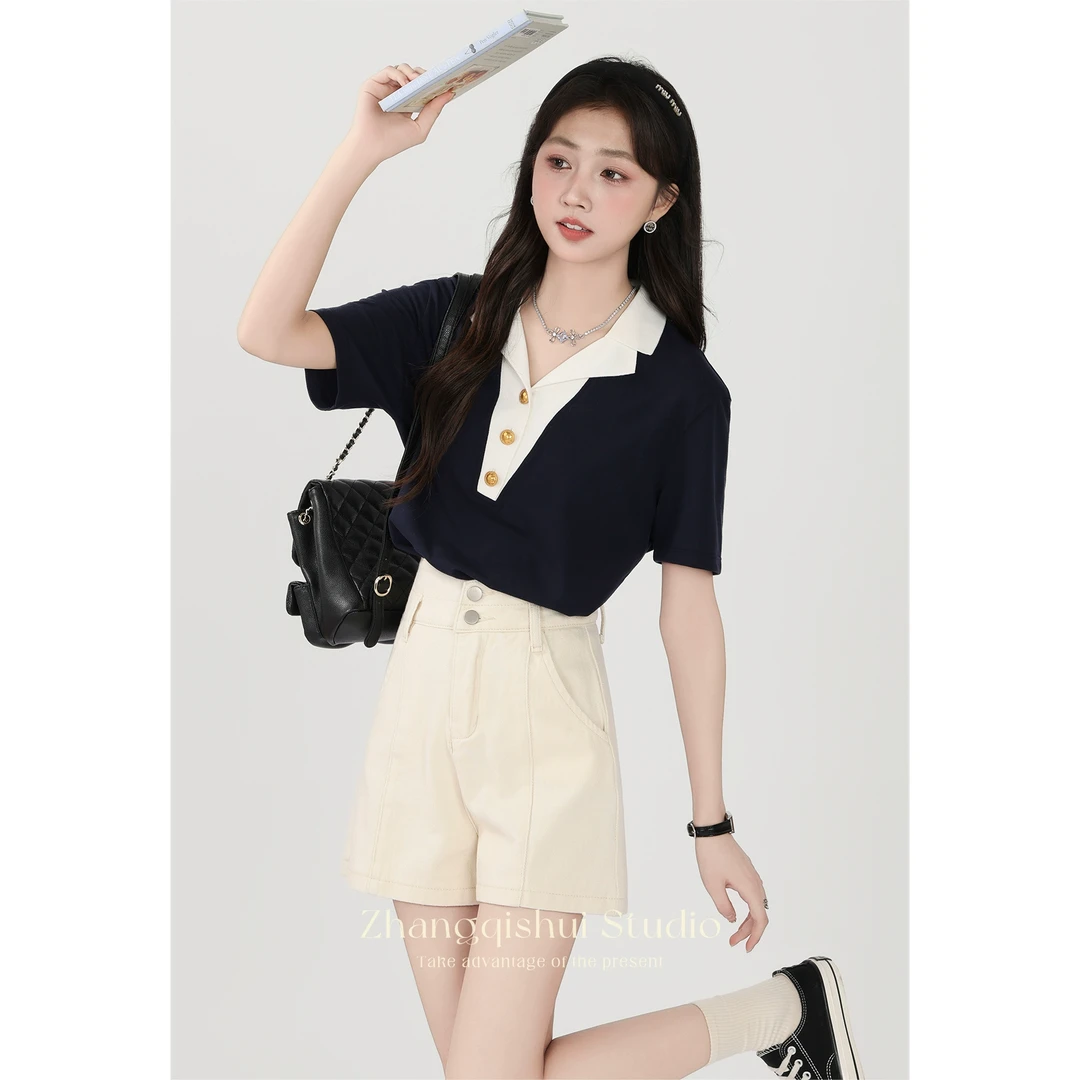 张小小2024夏新款藏青色v领短袖正肩t恤设计感独特别致短款上衣女