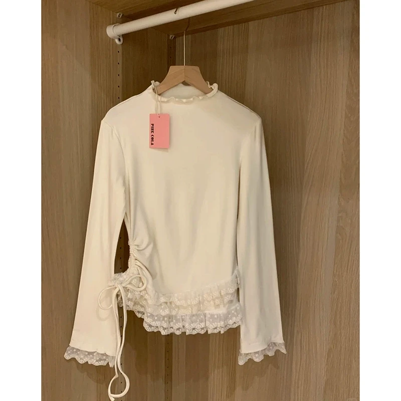 重工蕾丝花边气质半高领打底衫T恤女2025春季木耳边内搭长袖上衣1