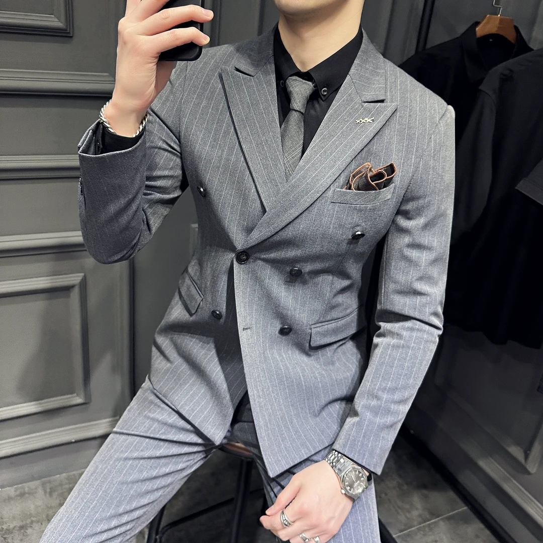 春季新款男士条纹西装套装双排扣高级感戗驳领商务大码西服三件套