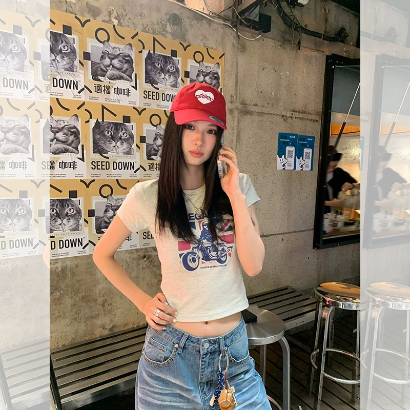 大耳朵lumoder韩版印花修身T恤美式辣妹网红设计感上衣D5T1736