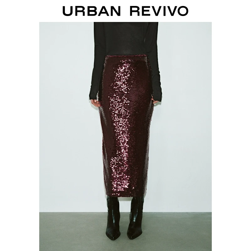 UR2025春季新品女装欧若风魅力氛围感派对亮片直筒半裙UWG550019
