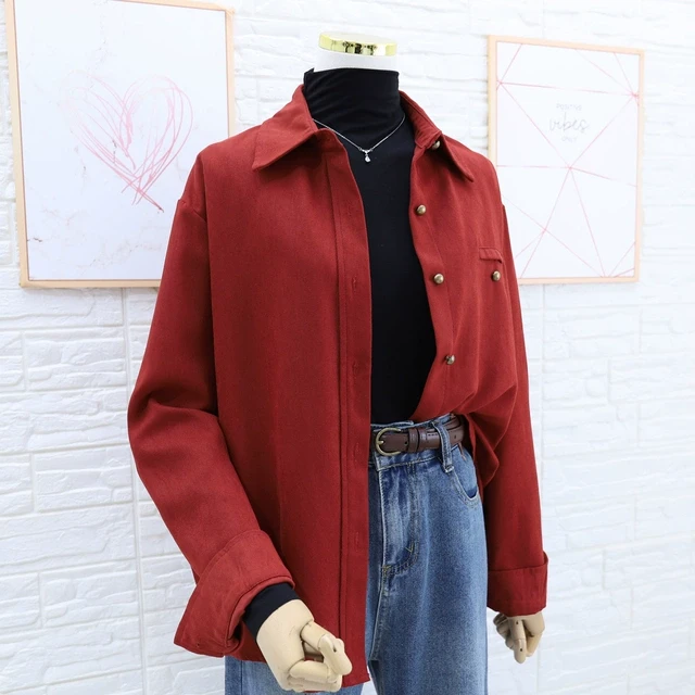 2023秋冬新款酒红色磨毛叠穿衬衫女翻领复古港味金属扣内搭衬衣女