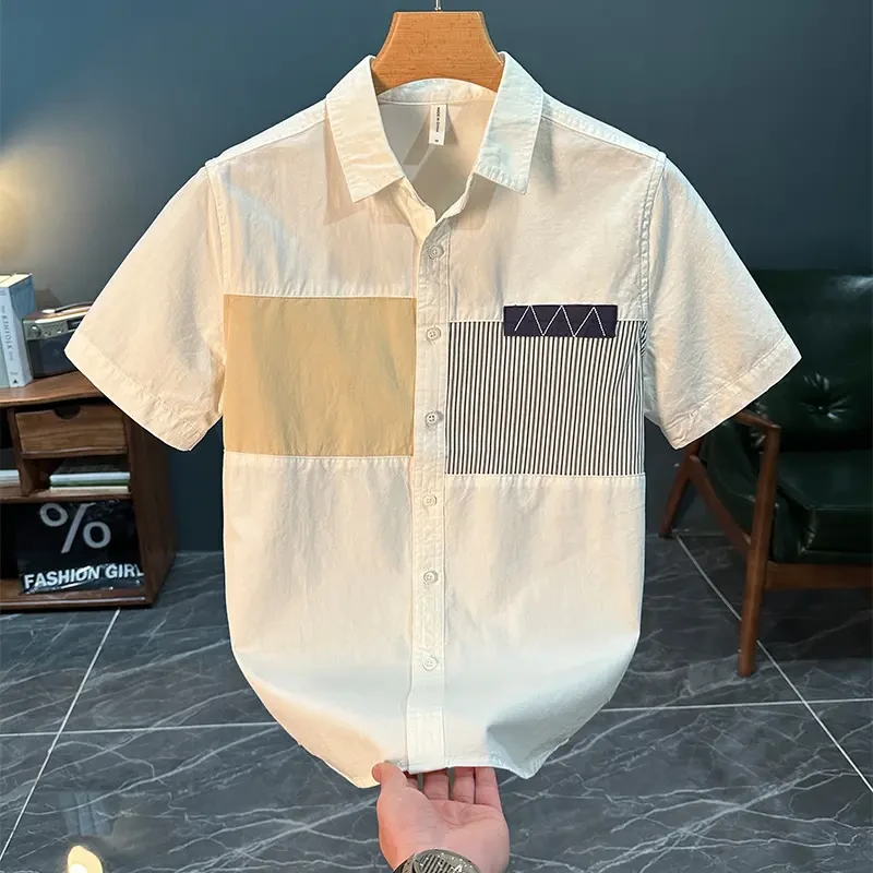 潮牌日系清新拼色短袖衬衫男士新款时尚青年百搭休闲文艺宽松衬衣